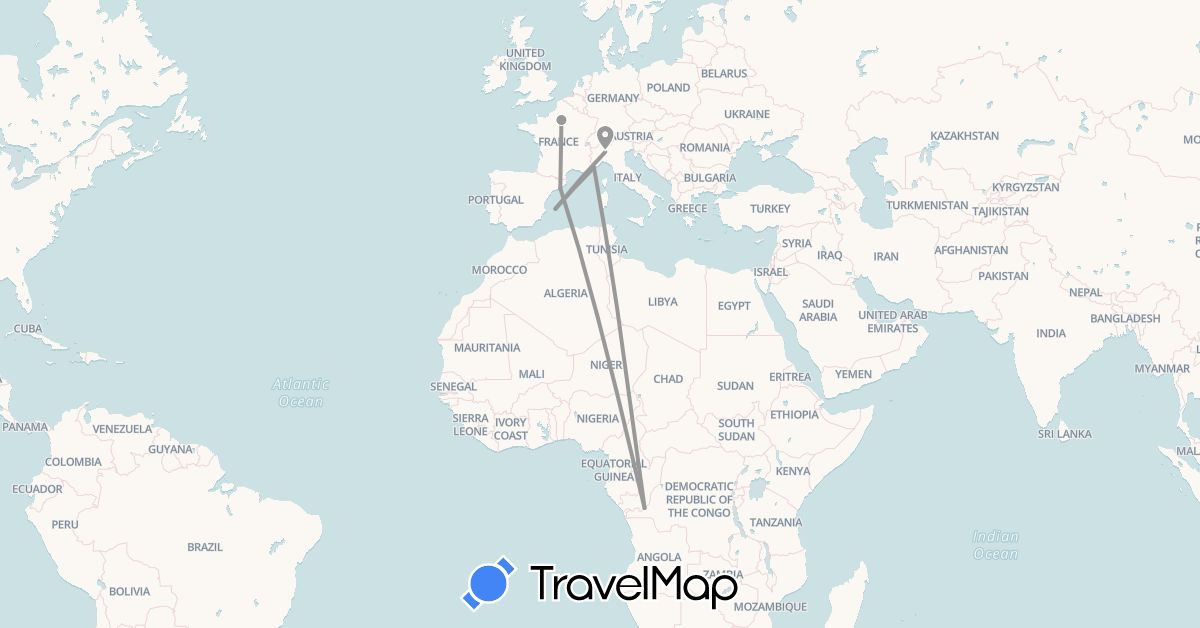TravelMap itinerary: plane in Democratic Republic of the Congo, Spain, France, Italy, Monaco (Africa, Europe)